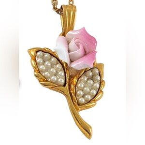Vintage 1990s Avon Pink Porcelain Rose Blossom Gold Tone Pendant Only